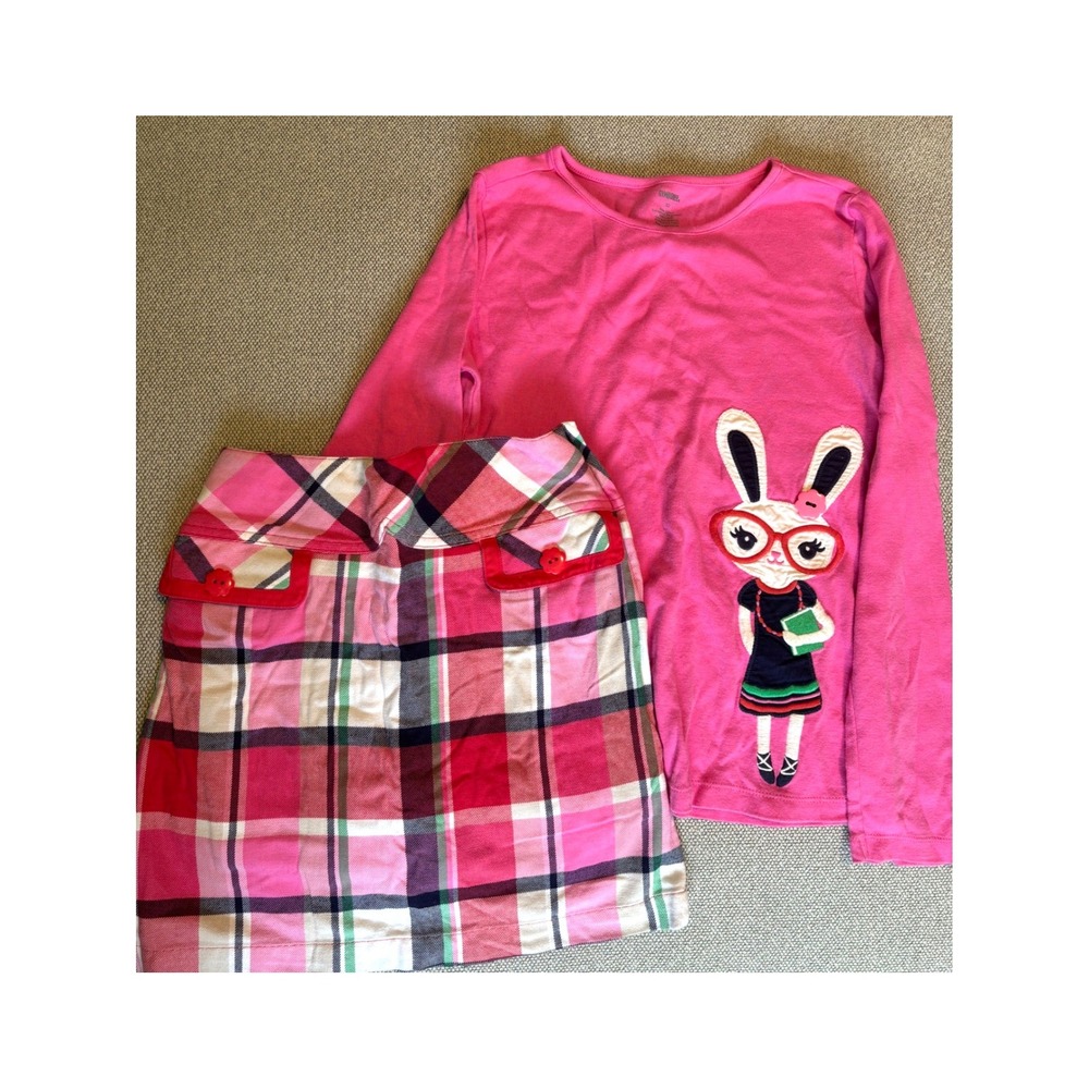 Gymboree Girls Pink Bunny Long Sleeve Top and Plaid Skort Set Size 10